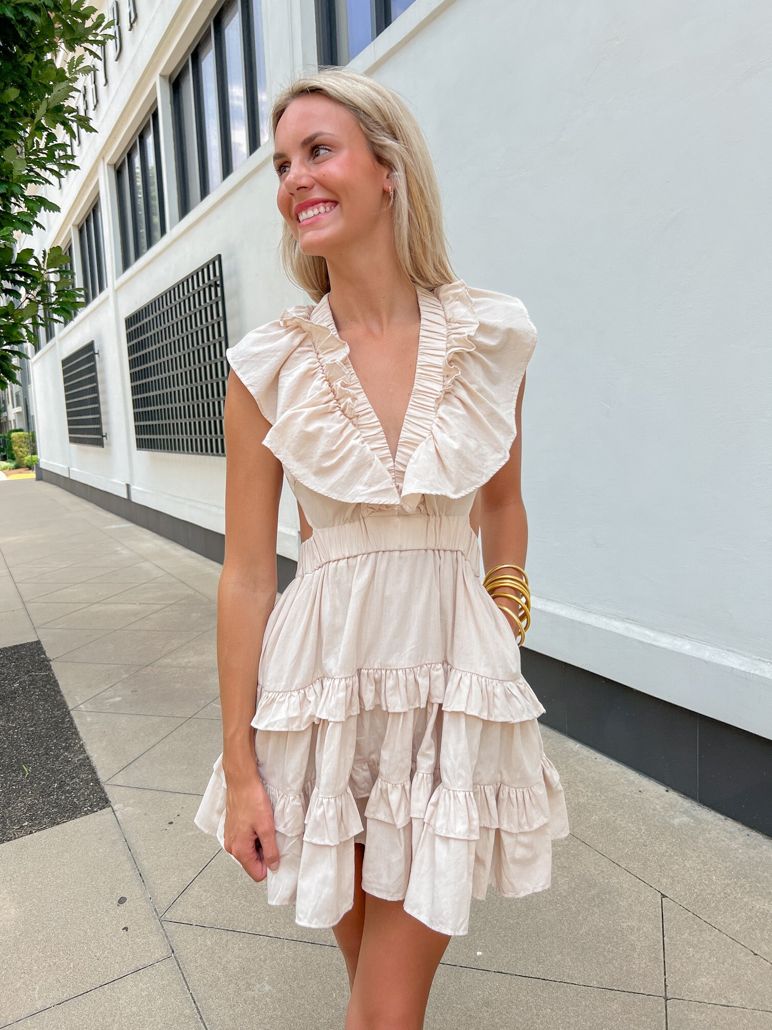 unpredictable layered ruffle neckline mini dress butter HYFVE Women's Buttercup Babe Deep V-Neck Ruffle Mini Dress in Black