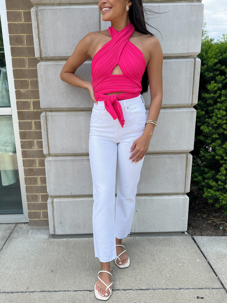 Hot Pink Pleated Halter Crop Top Tie Back Clothing Glam   
