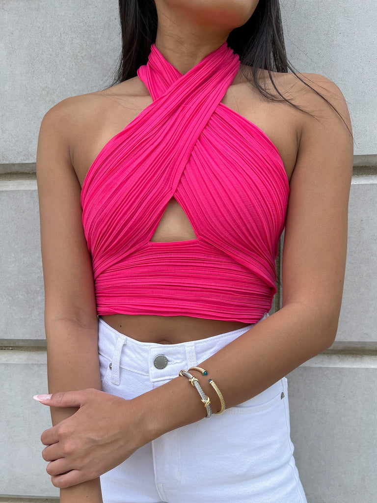 Hot Pink Pleated Halter Crop Top Tie Back Clothing Glam   