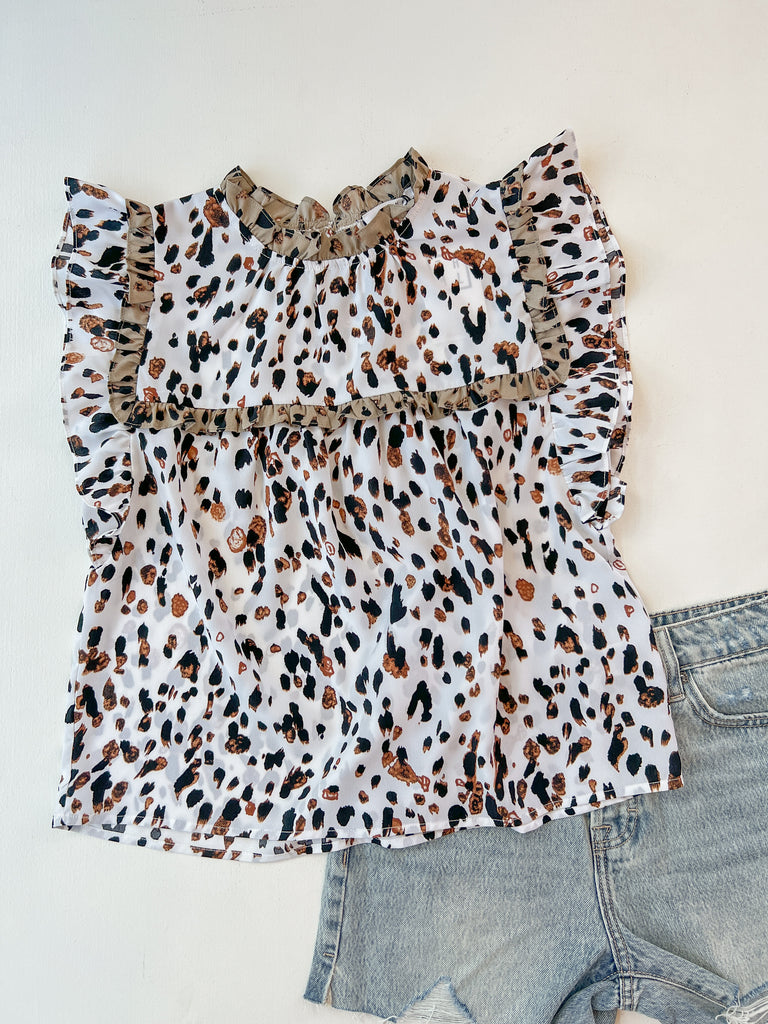 Cheetah/ Wht Ruffle Print Blouse Clothing THML   