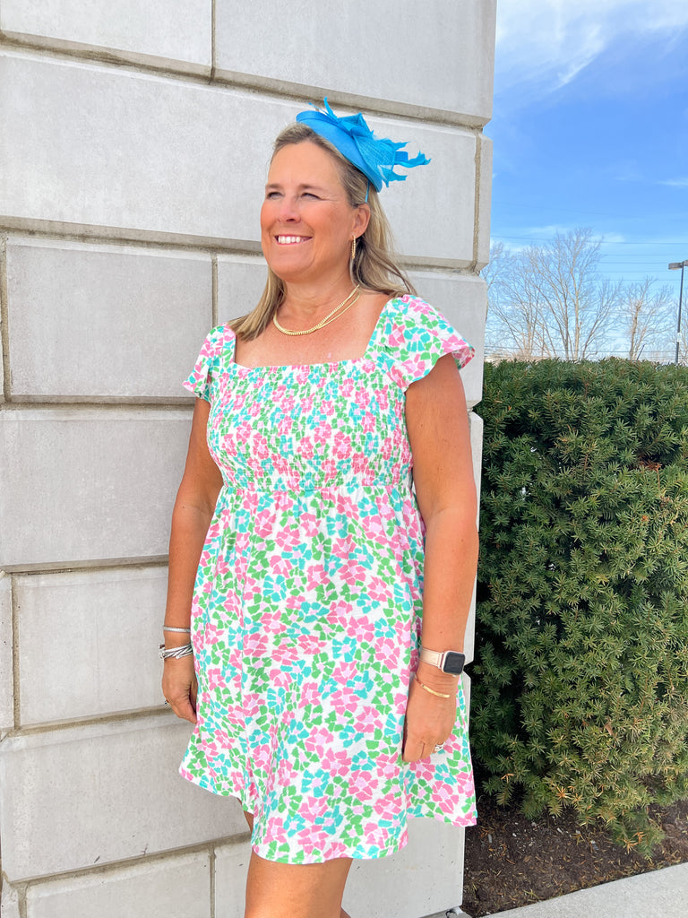 Floral Smocked W/ Ruffle Slv Dress Clothing Michelle Mcdowell   