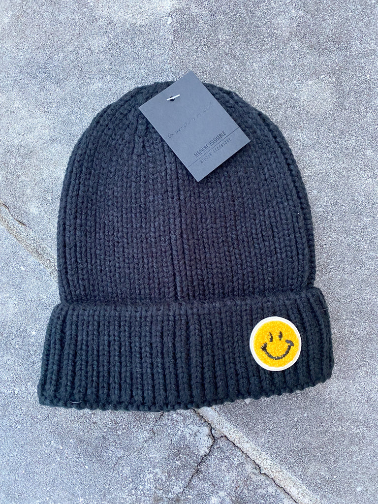 Knit Beanie w/ Smiley Face Patch Accessory Judson & Co Black  