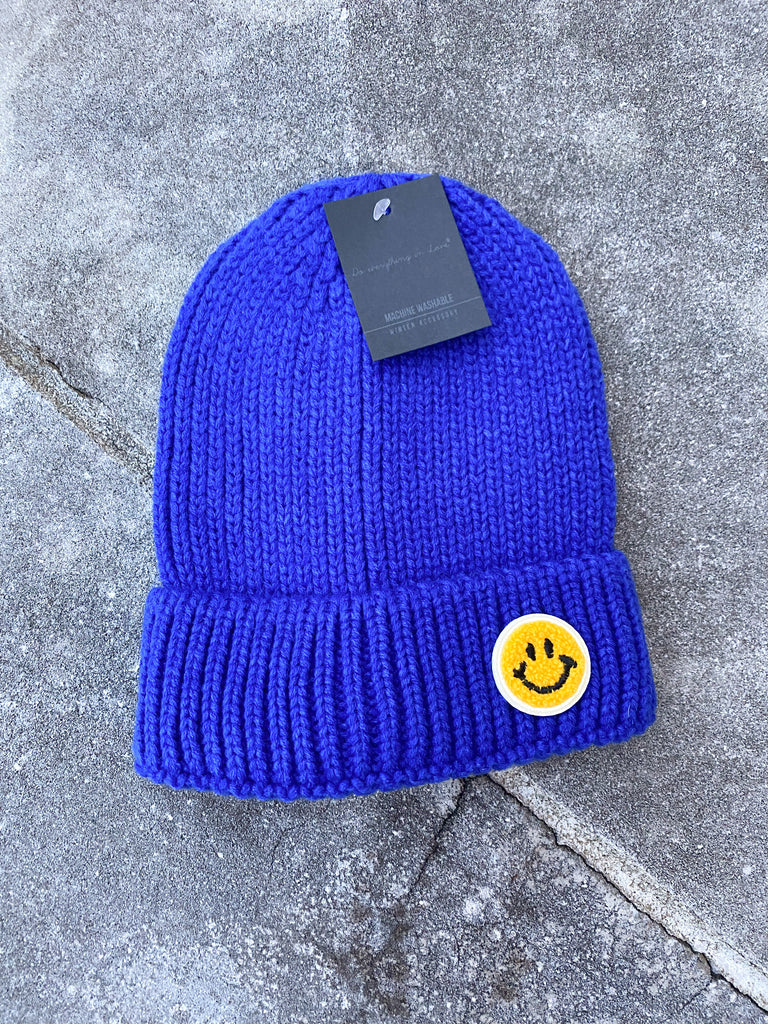 Knit Beanie w/ Smiley Face Patch Accessory Judson & Co Blue  