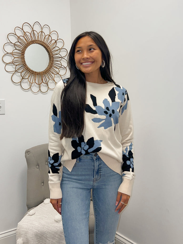 Floral/ Cream Floral Print Sweater Clothing THML Blue XS 