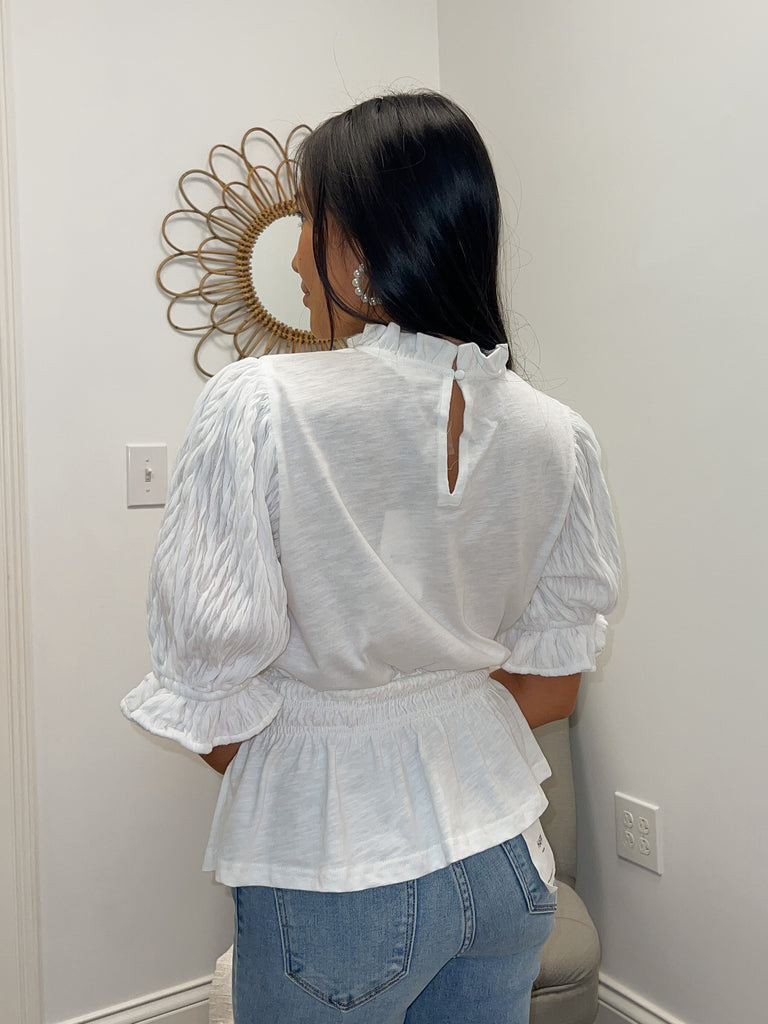 White 3/4 Sleeve Smocked Waist Line Blouse Clothing THML   