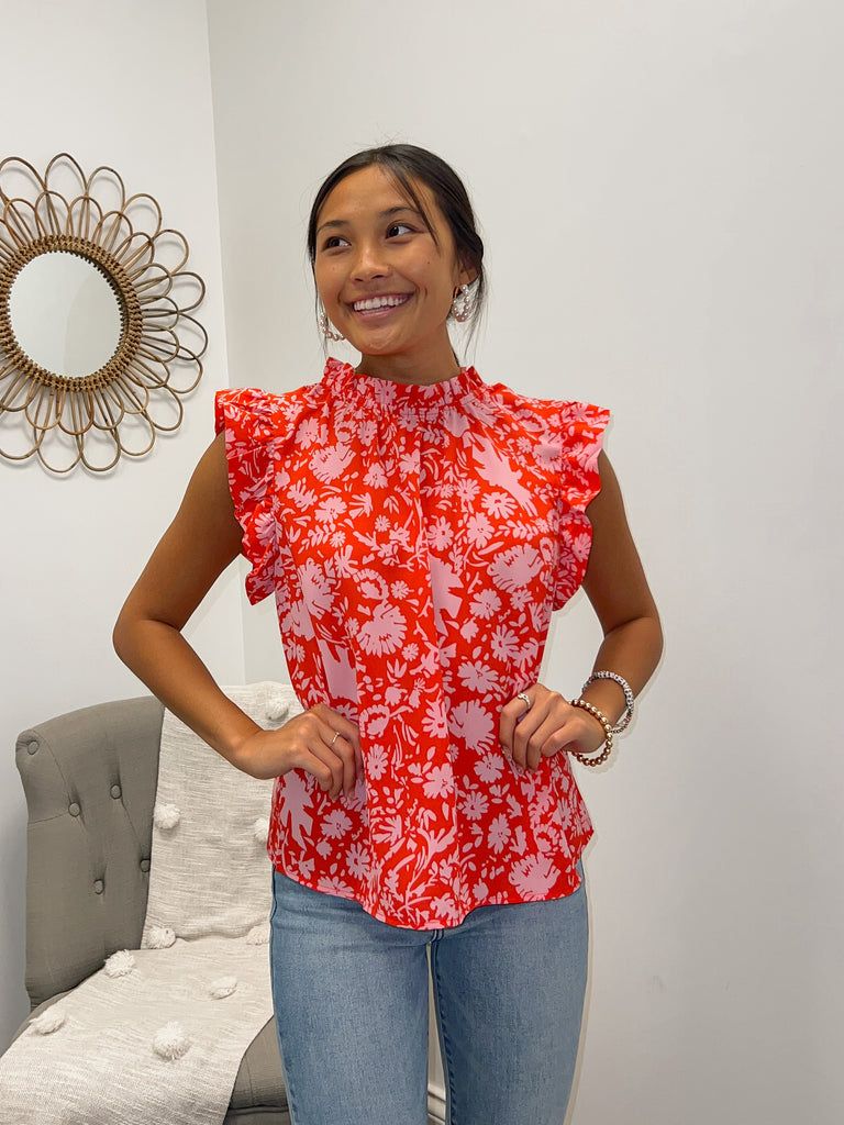 Red/Pink Floral Ruffle Slv Top Clothing THML   