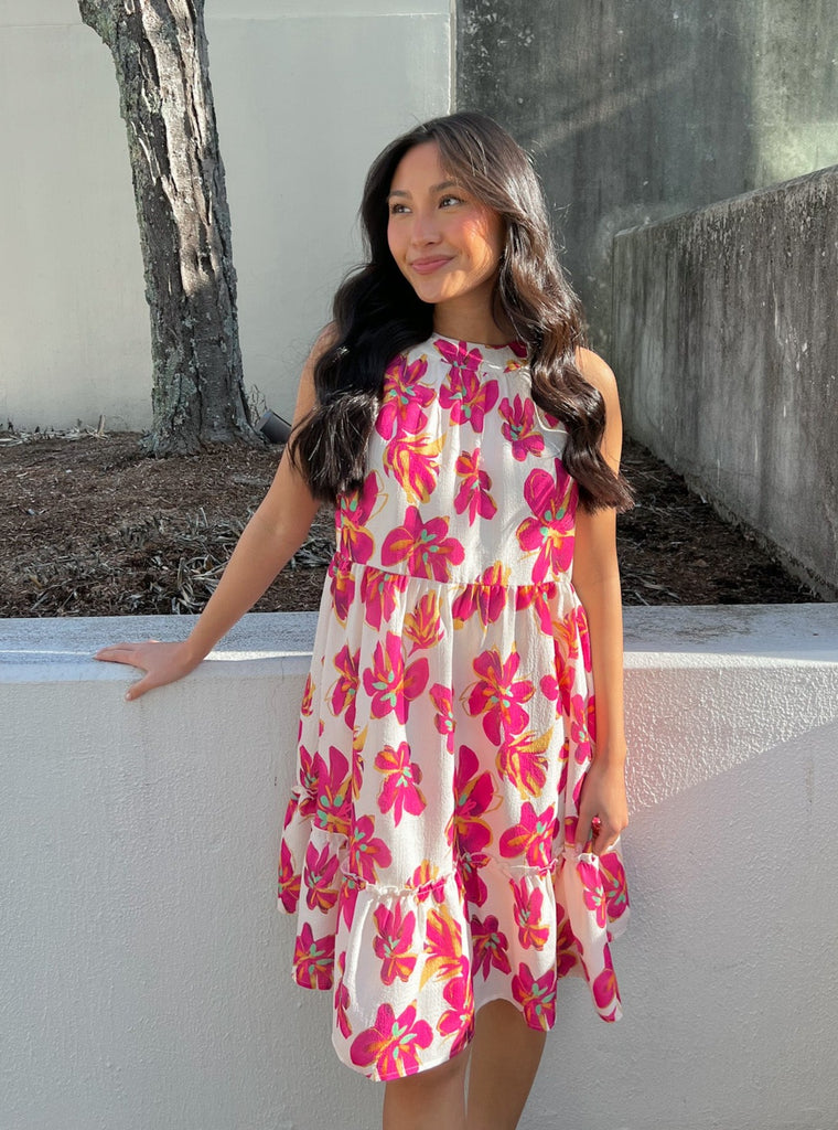 Pink Lily Print Tiered Dress Clothing THML   