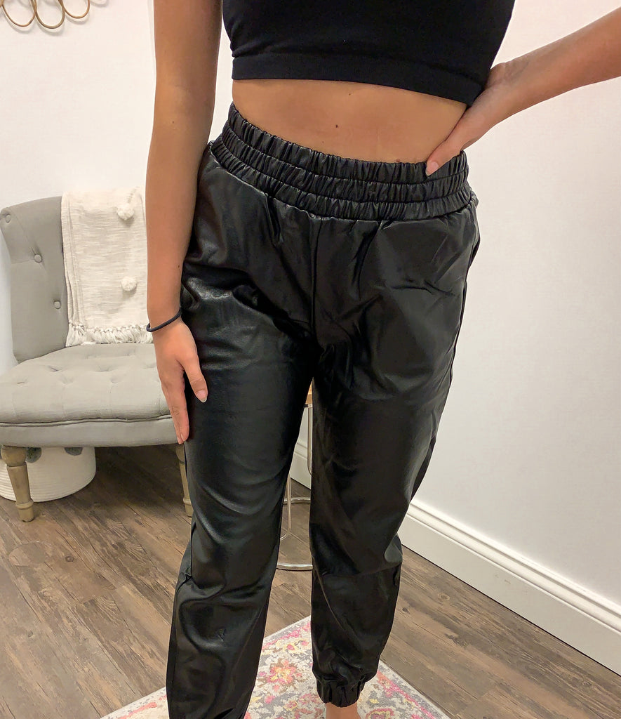 Black Faux Leather Joggers Clothing TCEC   