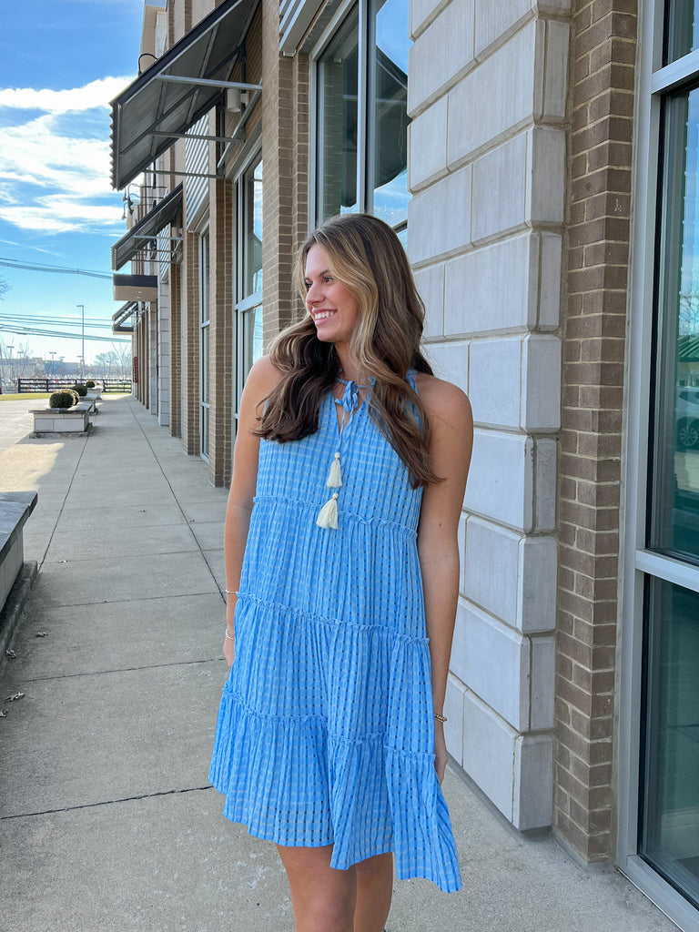 Blue Halter Tassel Dress Clothing THML   