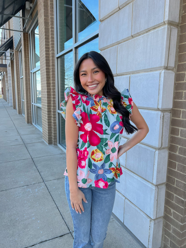Floral Ruffle Slv Top Clothing THML   