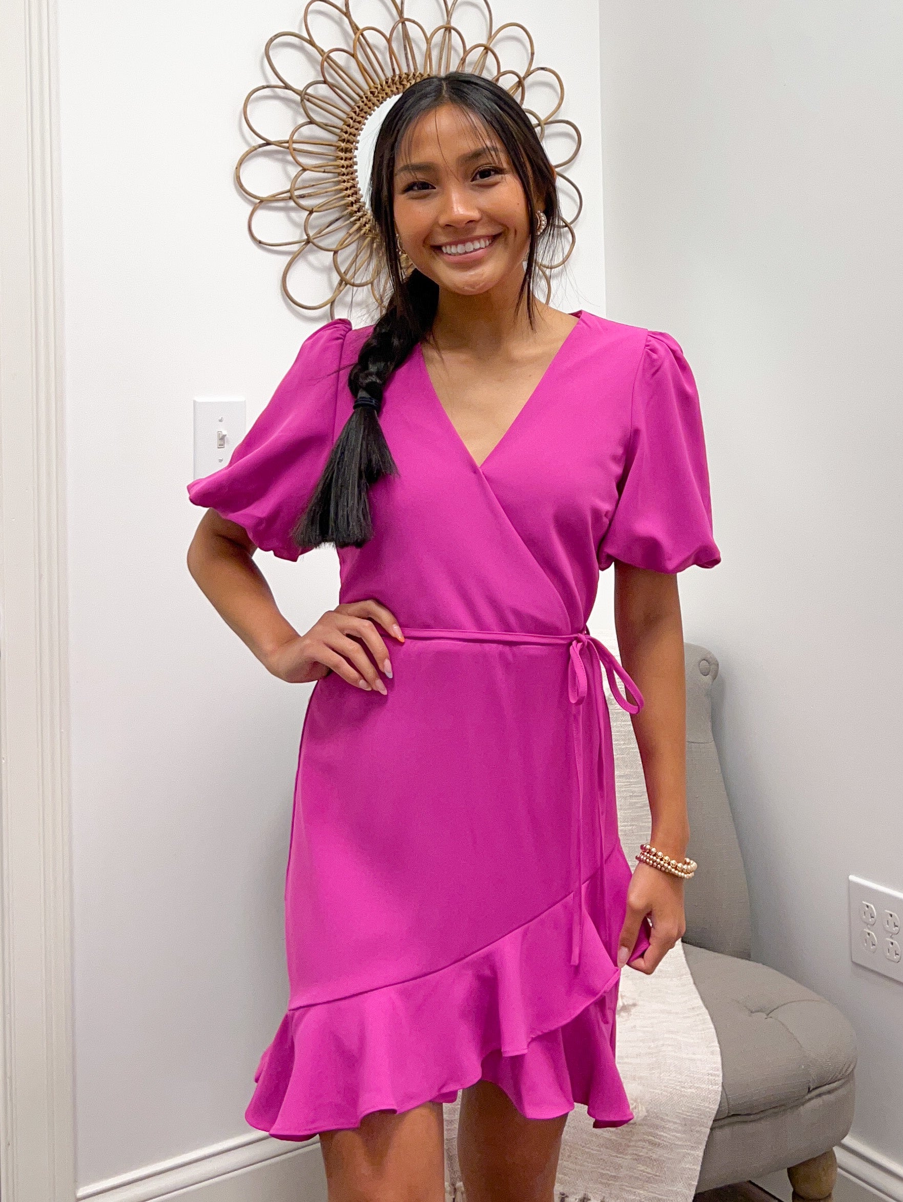 Magenta Puffed S/S Faux Wrap Dress Magenta Puffed S/S Faux Wrap Dress