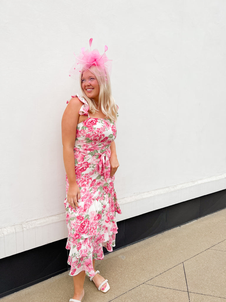 Pink Floral Ruffle Layers W/ Tie Front Dress Clothing SugarLips   