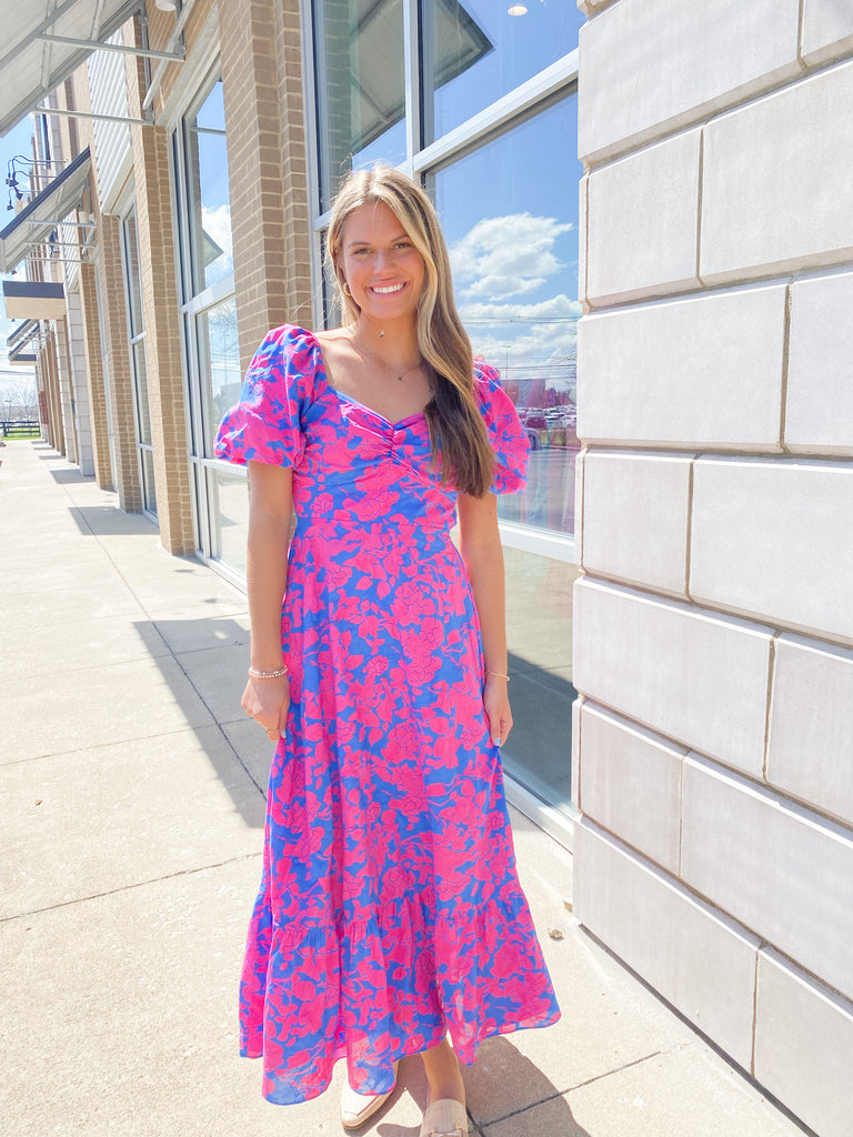 Pink Floral Sweetheart Maxi Dress Clothing August Apparel Blue/Pink XS 