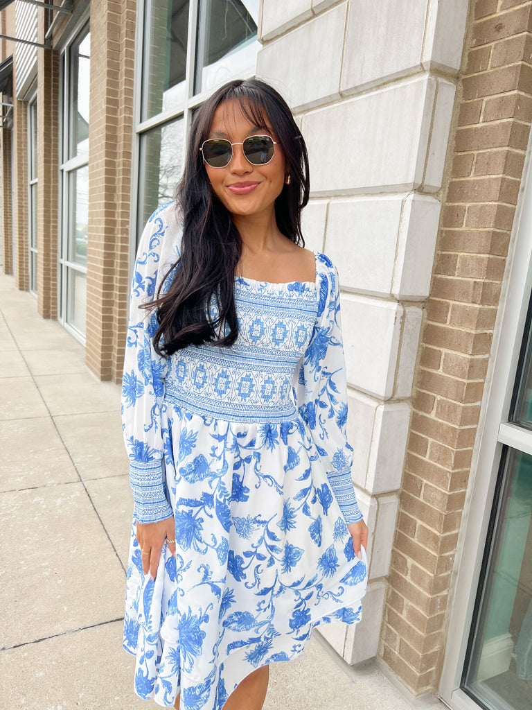 Blue/White Floral Smocked Lng Slv Dress Clothing Sundayup   