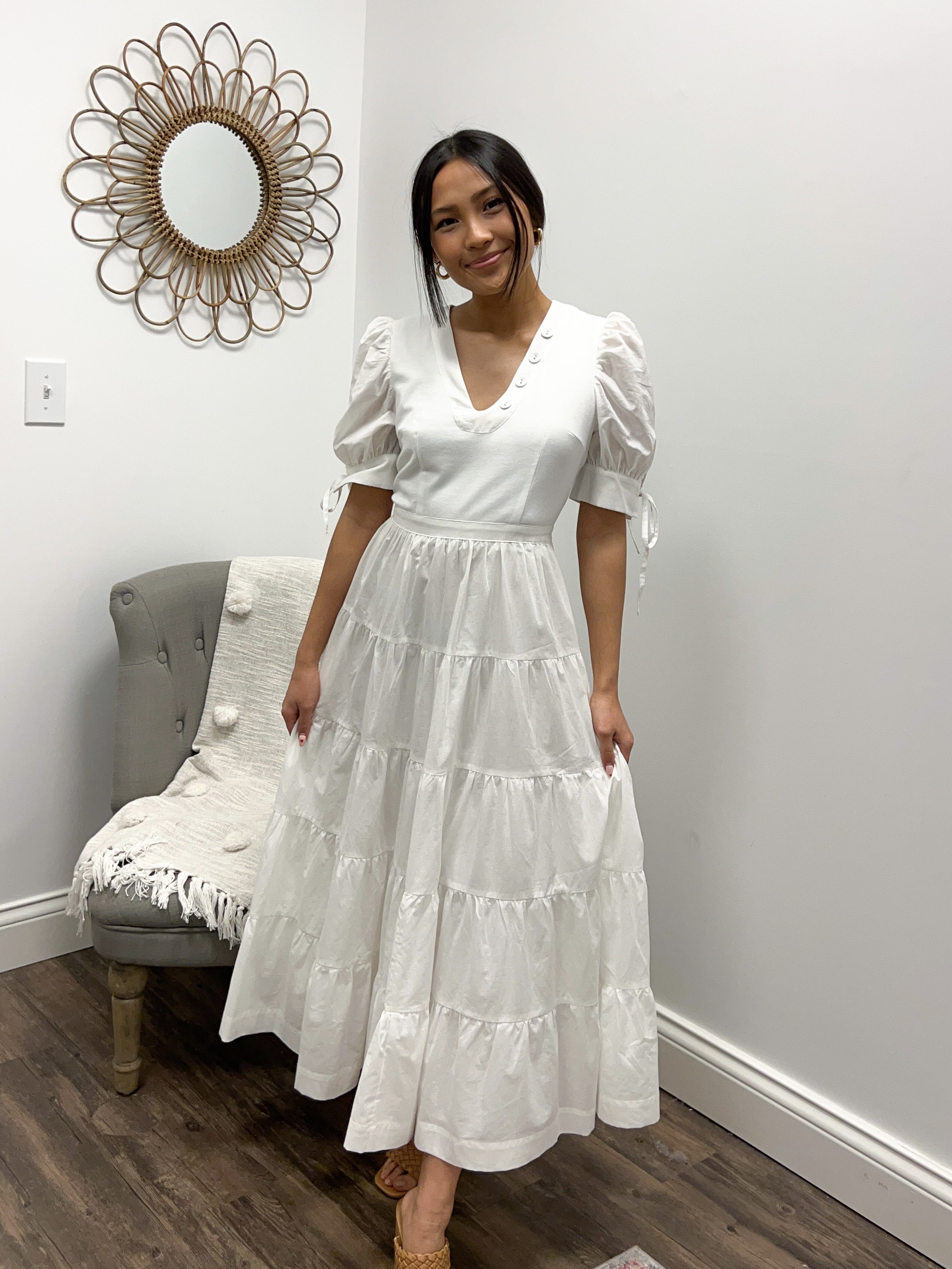 Off White Tiered Cotton Puff Sleeve Midi Dress Off White Tiered Cotton Puff Sleeve Midi Dress