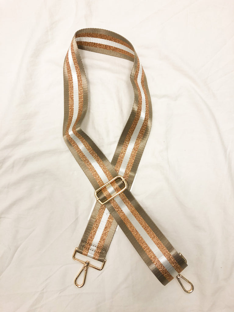Striped Mix & Match Bag Strap Accessory Ahdorned Khaki/White/Rose Gold Stripe - Gold Metal  