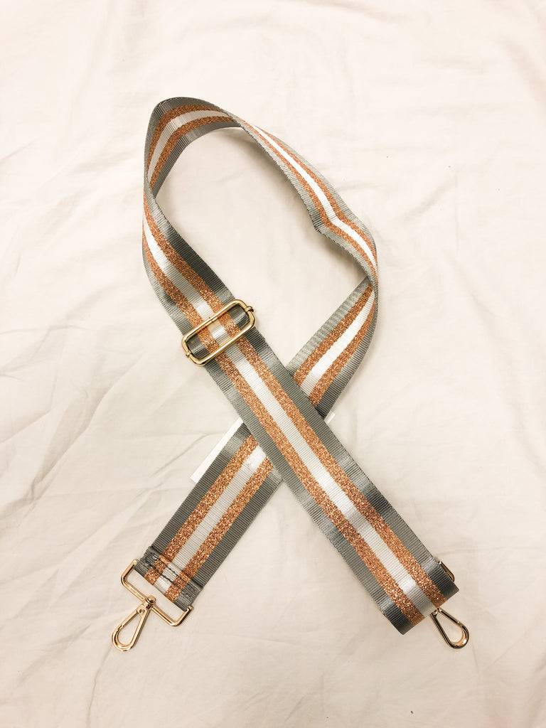 Striped Mix & Match Bag Strap Accessory Ahdorned Grey/White/Rose Gold Stripe - Gold Metal  