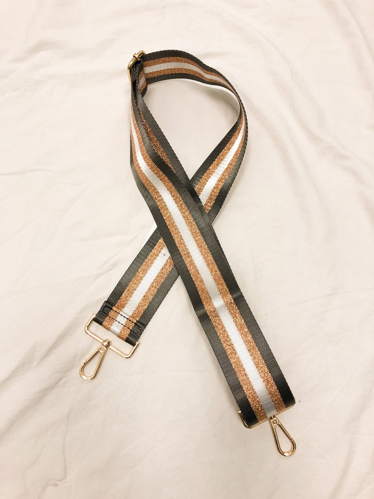 Striped Mix & Match Bag Strap Accessory Ahdorned Charcoal/White/Rose Gold Stripe - Gold Metal  