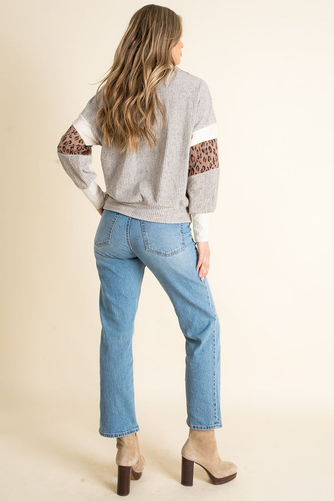 Grey Velvet Rib Knit Cheetah Top Clothing THML   