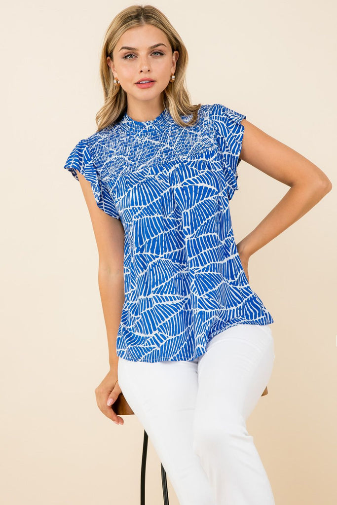 Blue Smocked Flutter Slv Top Clothing THML   