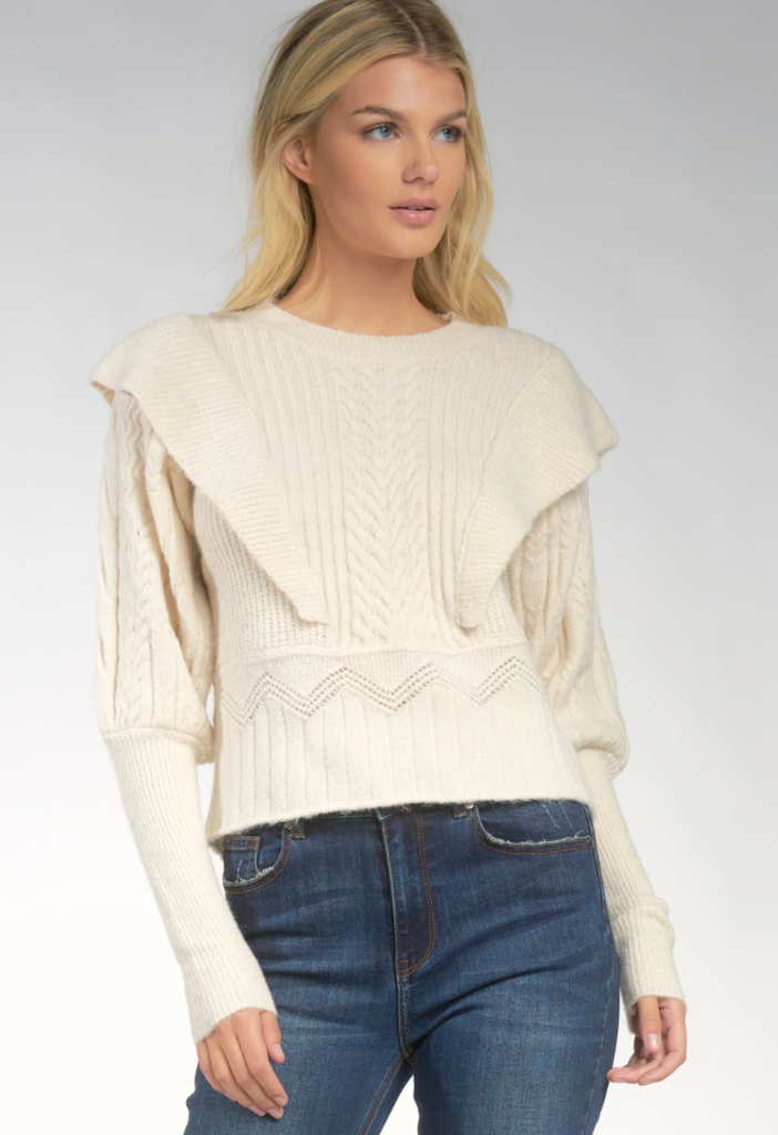 Cream Contrasting Textured Crew Neck Sweater w/ Ruffle Detail Clothing Elan   