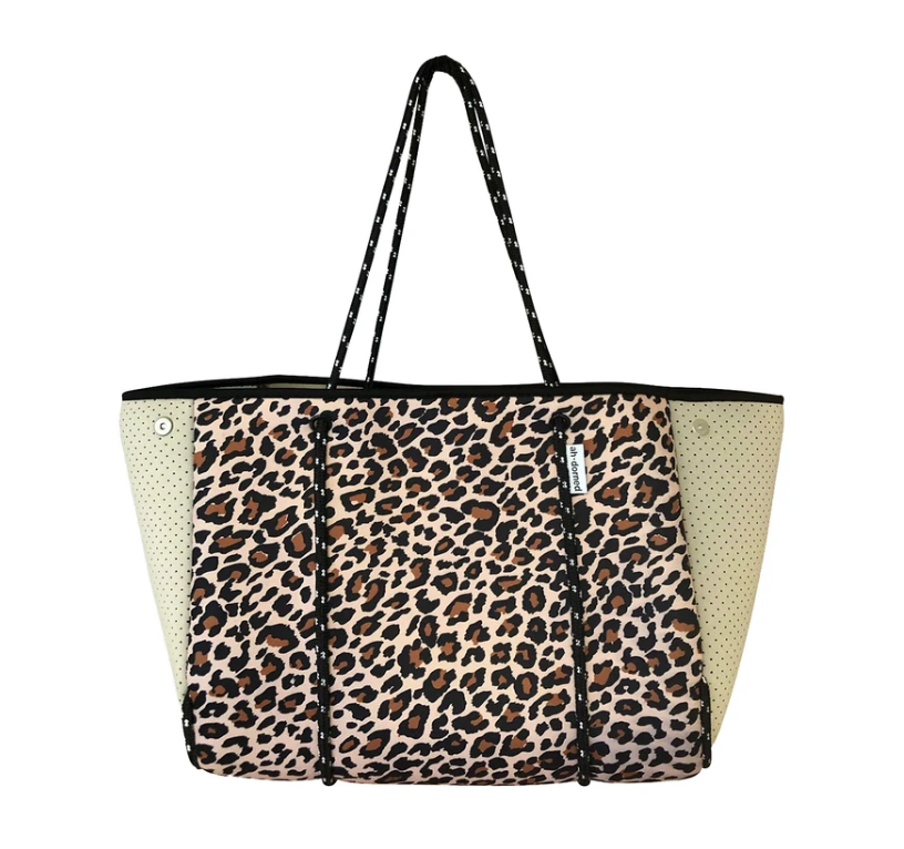 Perforated Neoprene Tote Bag I Purse Ahdorned Natural Leopard - Taupe Sides - Taupe Inside  