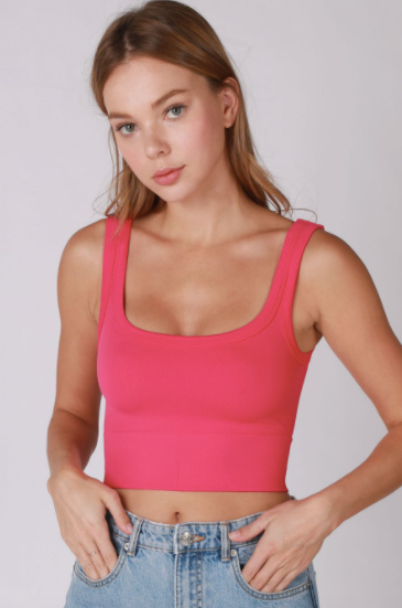 Round Neck Ribbed Knit Crop Top Clothing Niki Biki Hot Pink  