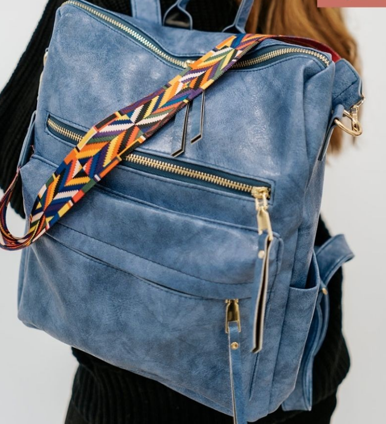 Vegan Leather Backpack w Aztec Strap Purse Dani & Em Dark Blue  