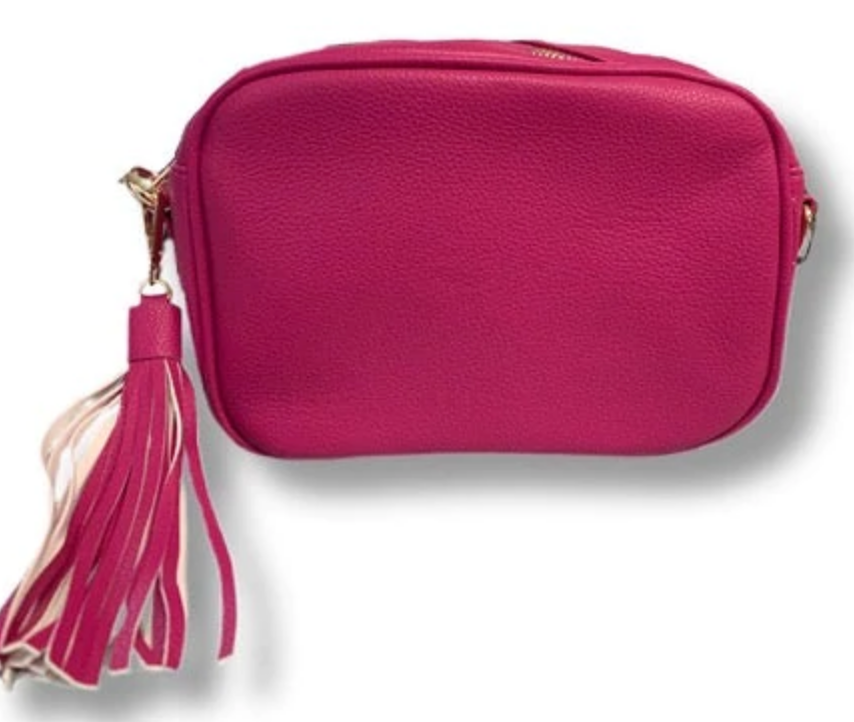 Pebbled Zip Top Tassel Bag Purse Ahdorned Hot Pink  