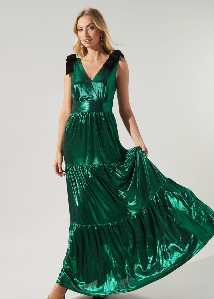 Emerald Shiny Tiered Maxi Dress w Bow Shoulders Clothing SugarLips   