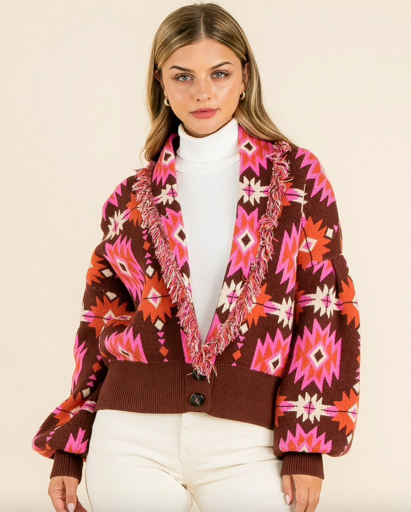 Pink Brown Aztec Fringed Lapel Cardigan Clothing THML   