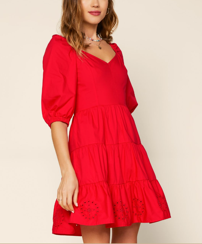 Red Puff Slv W/ Eyelet Detail Bottom Dress Clothing Skies Are Blue   