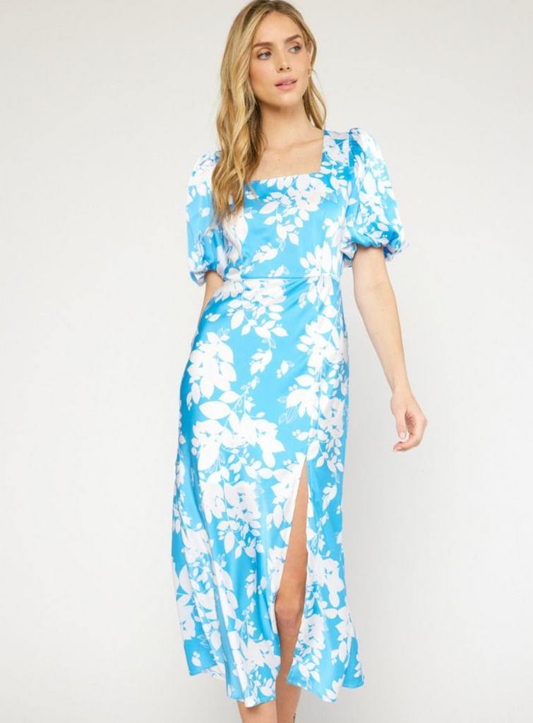 Aqua Floral Puff Sleeve Midi Dress Clothing Entro   