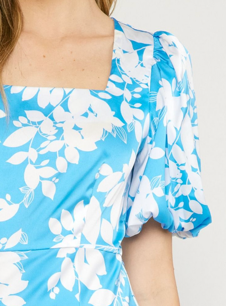 Aqua Floral Puff Sleeve Midi Dress Clothing Entro   