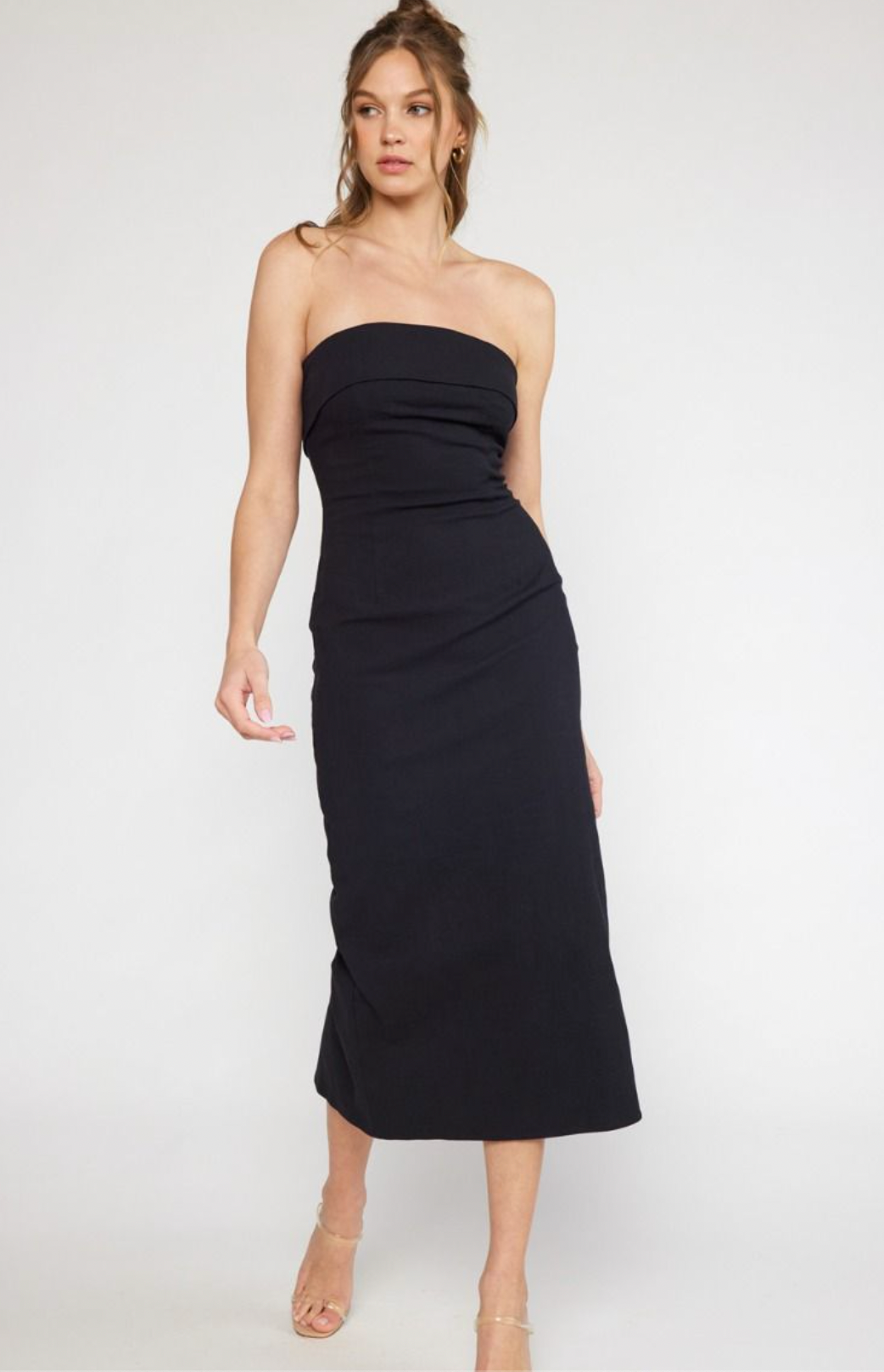 Linen Strapless Midi Dress w Slit