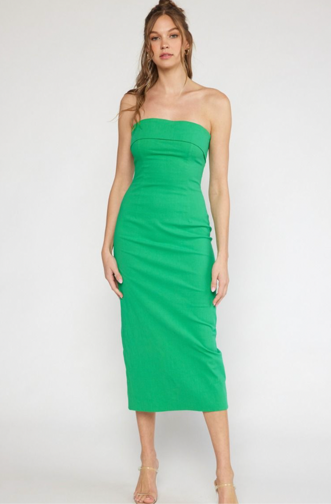 Linen Strapless Midi Dress w Slit Clothing Entro Green S 