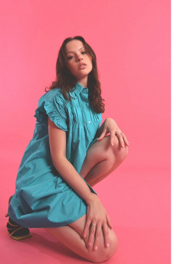 Button down Shirt Dress W/ Ruffle Slvs Clothing Molly Bracken Teal XS 