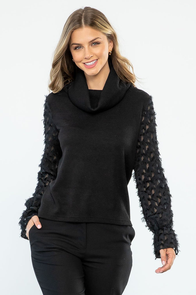 Cowl Neck Sweater w Eyelash Sleeves Clothing THML Black XS 
