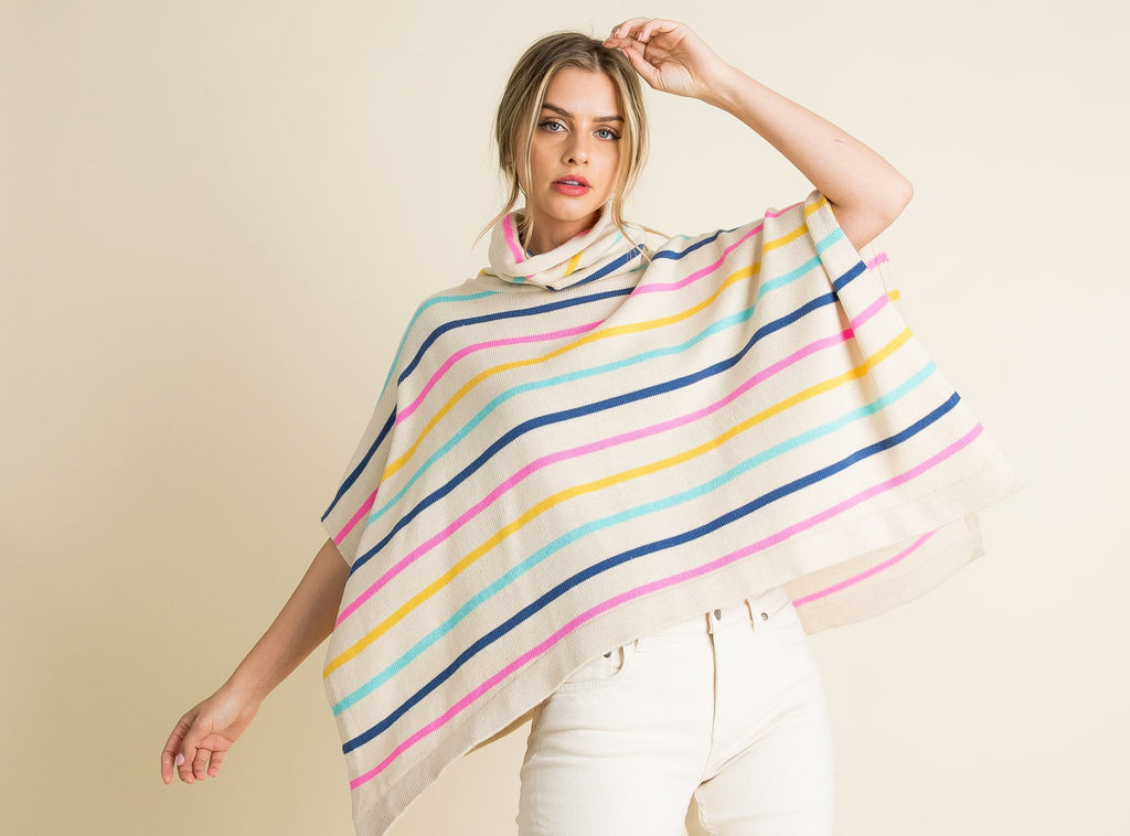 Multi Color Striped Turtleneck Poncho Clothing THML   