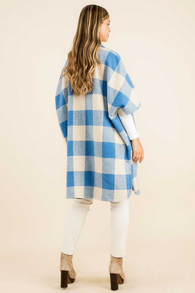 Blue/White Checkered Long Coat Clothing THML   