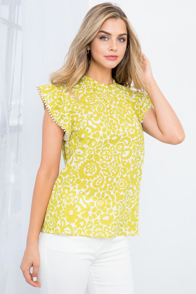Lime Printed Seersucker Fabric High Neck Flutter Slv Top Clothing THML   
