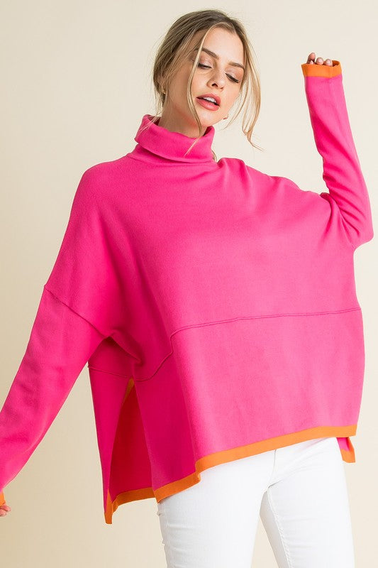 Color Lined Turtleneck Poncho Sweater Clothing THML Pink/Orange XS 