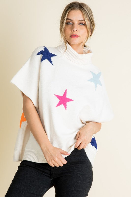 White/Multi Star Sweater Poncho Clothing THML   