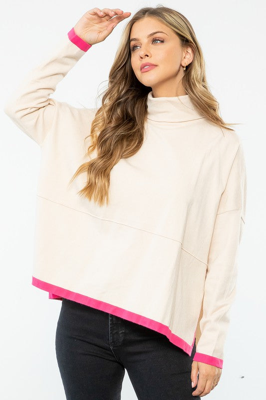Color Lined Turtleneck Poncho Sweater Clothing THML Cream/Pink XS 