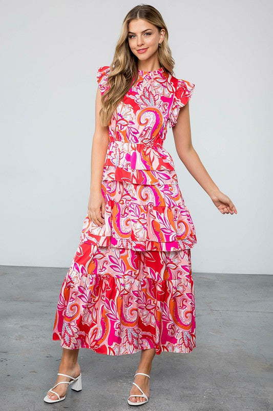 Pink/ Red Floral Tiered Ruffle Maxi Dress Clothing THML   