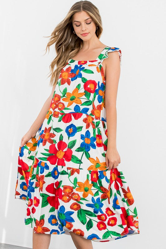 Floral Ruffle Strap Tiered Midi Dress Clothing THML XS Red/Blu/Grn 