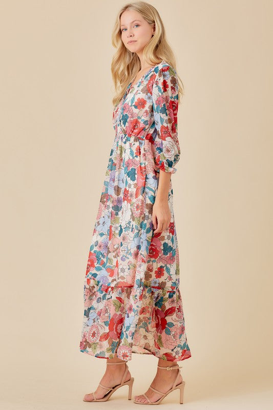Floral 3/4 Sleeve Maxi Dress Clothing Polagram   