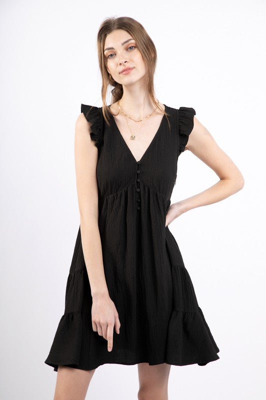 V-Neck Ruffle Sleeve Tiered Button-Front Mini Dress Clothing Very J S Black 