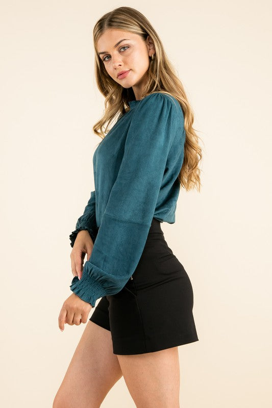 Teal Suede Mock Neck Blouse Clothing THML   