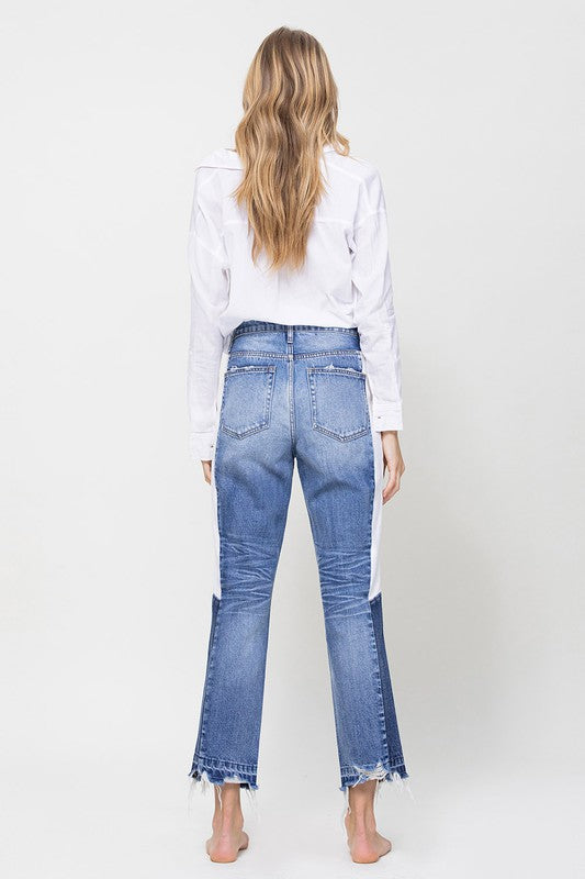 High Rise Straight Crop Jean w/ Side Blocking Panel Clothing Veveret   